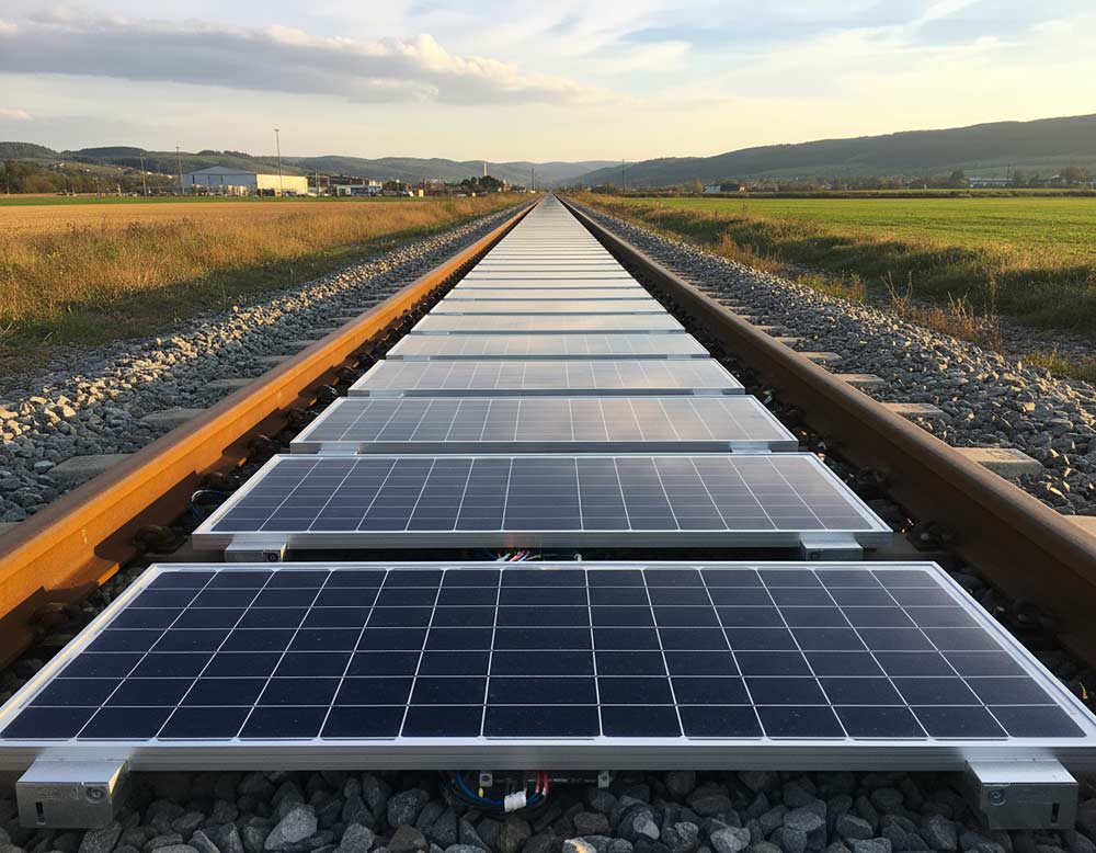 Solarmodule direkt auf der Schiene im Eisenbahnverkehr