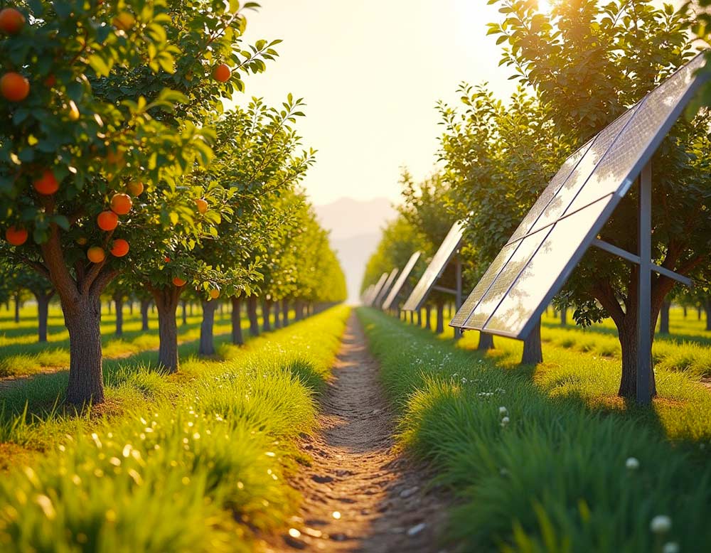Obstplantagen mit Obstbäumen und Solaranlagen (Symbolbild)