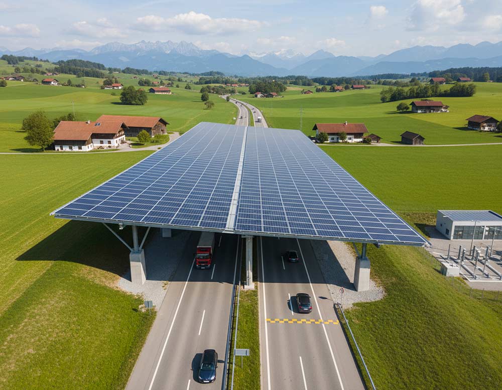 PV-Pilotanlage über der vierspurigen Straße in Bayern (Symbolbild) PV-Pilotanlage über der vierspurigen Straße in Bayern (Symbolbild)
