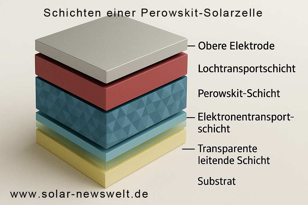 Schichten einer Perowskit-Solarzelle von unten nach oben Schichten einer Perowskit-Solarzelle von unten nach oben