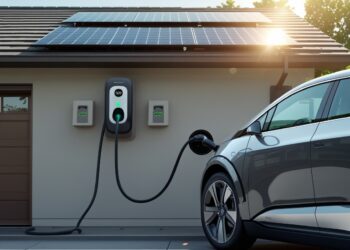 Elektroauto lädt an Wallbox mit Solaranlage auf dem Dach
