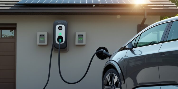 Elektroauto lädt an Wallbox mit Solaranlage auf dem Dach