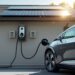 Elektroauto lädt an Wallbox mit Solaranlage auf dem Dach