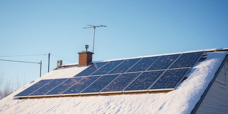 Solaranlage auf Hausdach im Winter mit Schnee