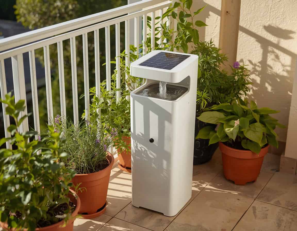 Solarbetriebener Springbrunnen auf sonnigem Balkon mit Pflanzen