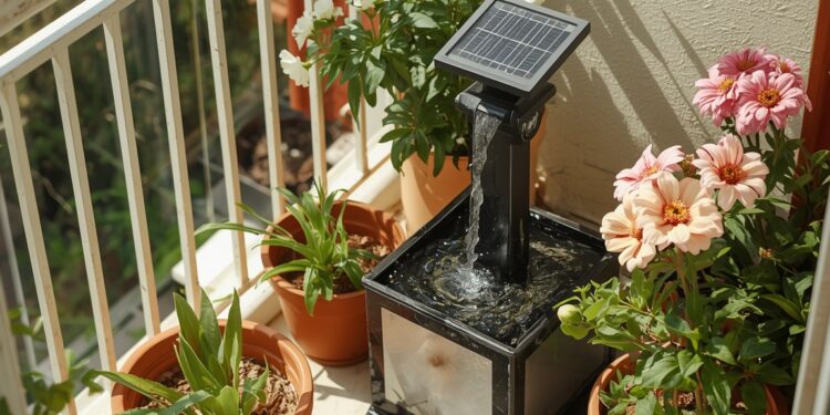 Kleiner Solarspringbrunnen auf Balkon mit Keramikschale und mediterranen Pflanzen