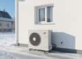 Wärmepumpe außen an Hauswand mit Solaranlage auf dem Dach im Winter