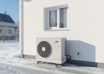 Wärmepumpe außen an Hauswand mit Solaranlage auf dem Dach im Winter