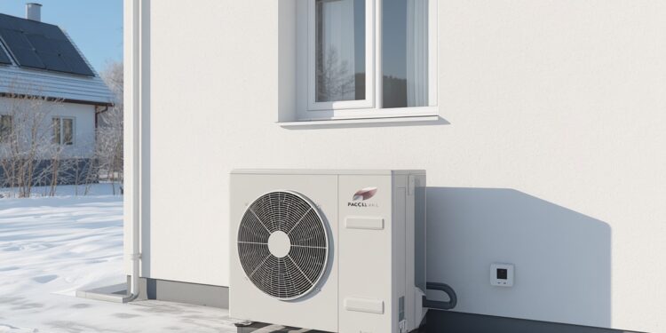 Wärmepumpe außen an Hauswand mit Solaranlage auf dem Dach im Winter