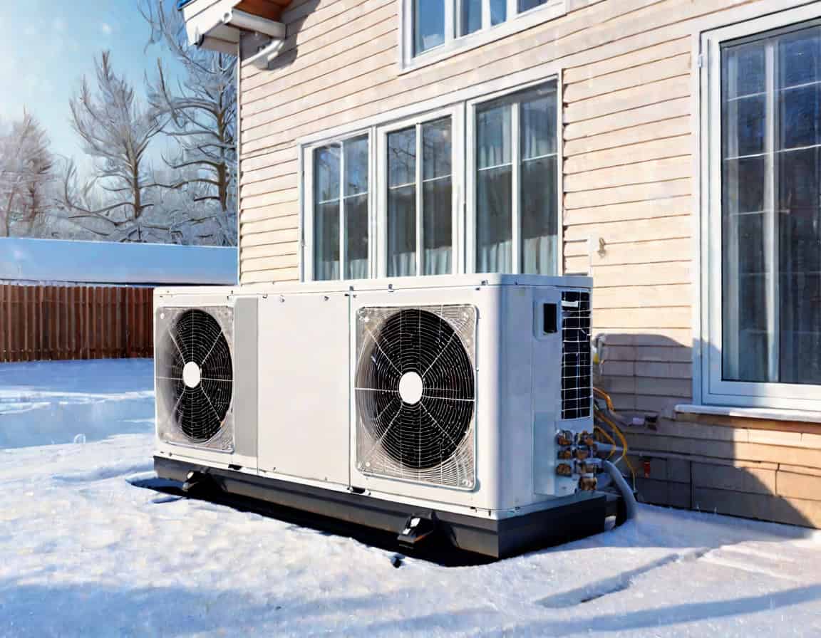 W&auml;rmepumpe au&szlig;en an Hauswand mit Solaranlage auf dem Dach im Winter