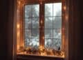 LED-Lichterketten als Weihnachtsbeleuchtung am Fenster mit Schnee draußen