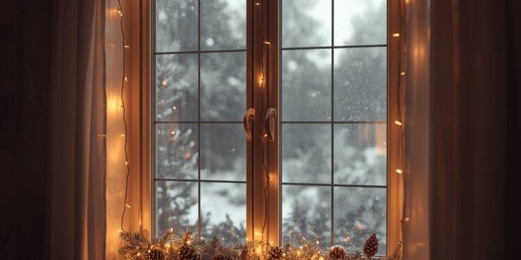 LED-Lichterketten als Weihnachtsbeleuchtung am Fenster mit Schnee draußen