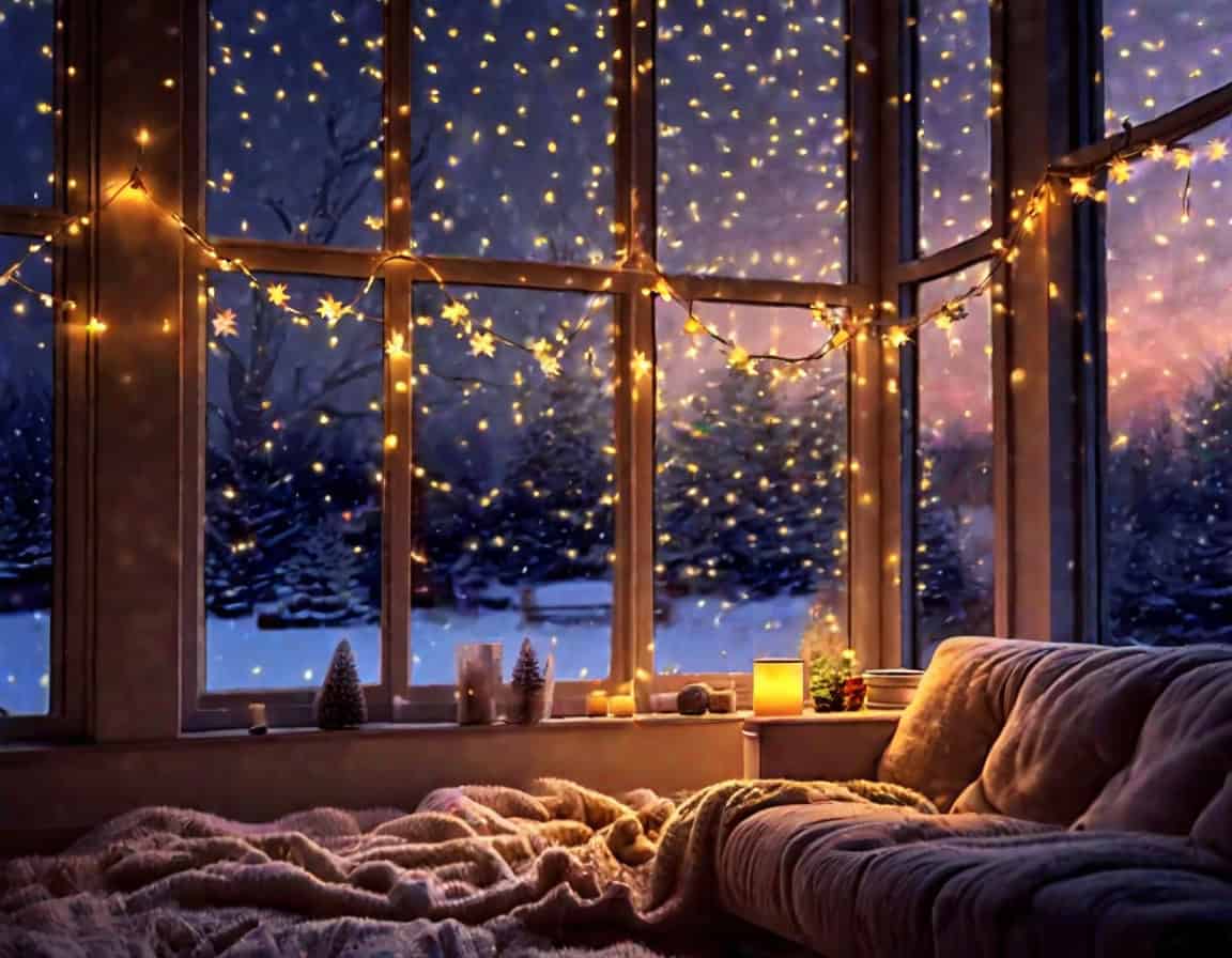 LED-Lichterketten als Weihnachtsbeleuchtung am Fenster mit Schnee drau&szlig;en